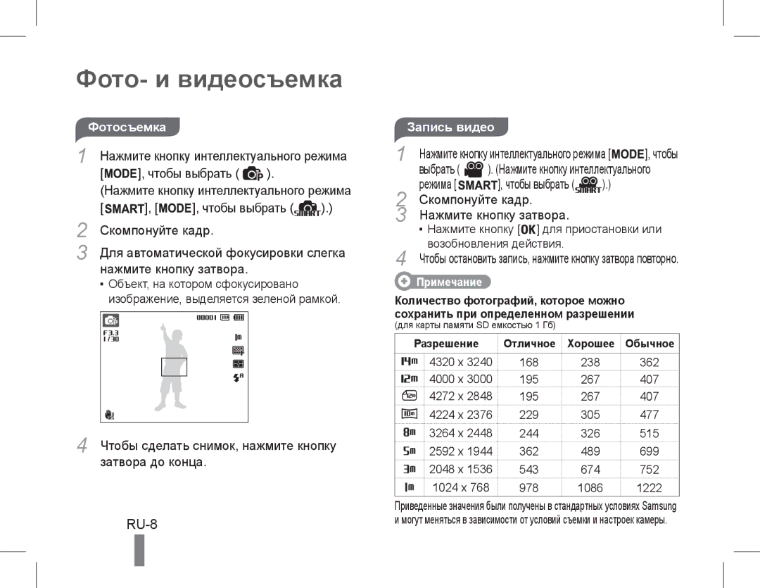 Samsung EC-PL200ZBPRE3, EC-PL200ZBPRE1, EC-PL90ZZBPRE1, EC-PL90ZZBARE1, EC-PL90ZZBPEE1 manual Фото- и видеосъемка, RU-8 