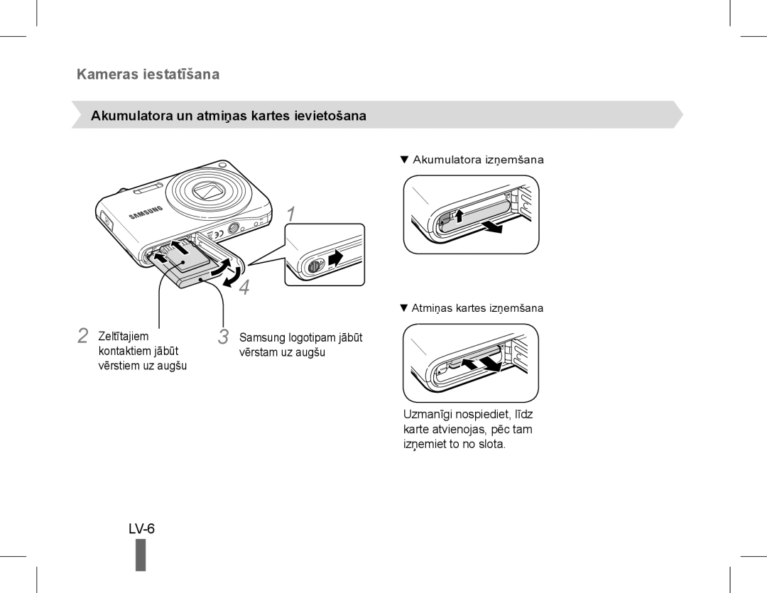 Samsung EC-PL200ZBPBE2, EC-PL200ZBPRE1, EC-PL90ZZBPRE1, EC-PL90ZZBARE1 manual LV-6, Akumulatora un atmiņas kartes ievietošana 