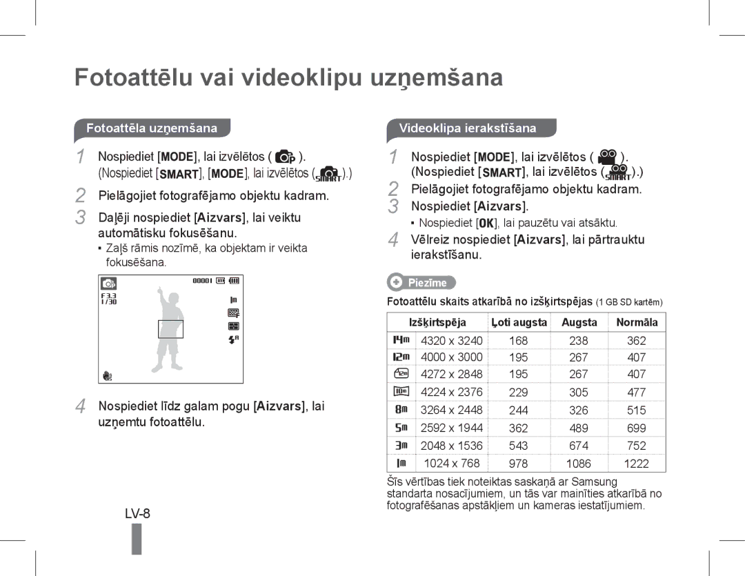 Samsung EC-PL90ZZBAEE2, EC-PL200ZBPRE1, EC-PL90ZZBPRE1 Fotoattēlu vai videoklipu uzņemšana, LV-8, Videoklipa ierakstīšana 