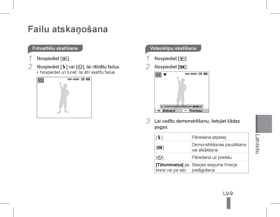 Samsung EC-PL200ZBPRE2, EC-PL200ZBPRE1 manual Failu atskaņošana, LV-9, Fotoattēlu skatīšanaVideoklipu skatīšana, Pogas 