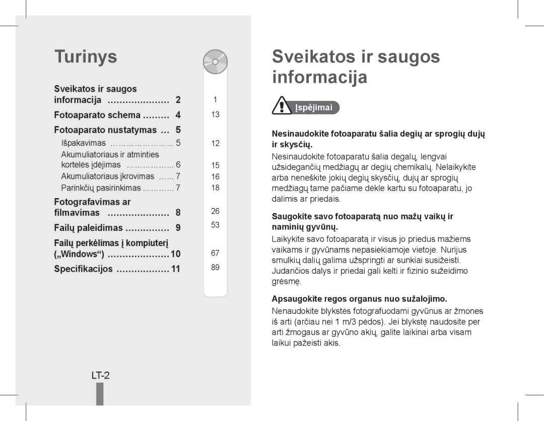 Samsung EC-PL90ZZBPRE2, EC-PL200ZBPRE1, EC-PL90ZZBPRE1 manual Turinys, Sveikatos ir saugos informacija, LT-2, Įspėjimai 