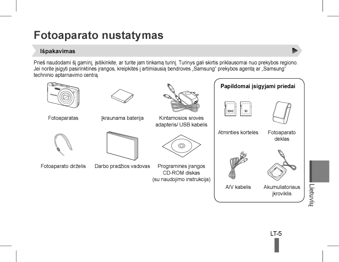 Samsung EC-PL200ZBPRRU, EC-PL200ZBPRE1 manual Fotoaparato nustatymas, LT-5, Išpakavimas, Papildomai įsigyjami priedai 