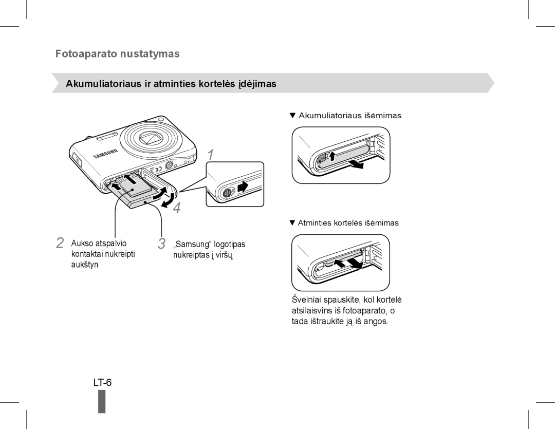 Samsung EC-PL200ZBPBRU, EC-PL200ZBPRE1, EC-PL90ZZBPRE1, EC-PL90ZZBARE1 LT-6, Akumuliatoriaus ir atminties kortelės įdėjimas 