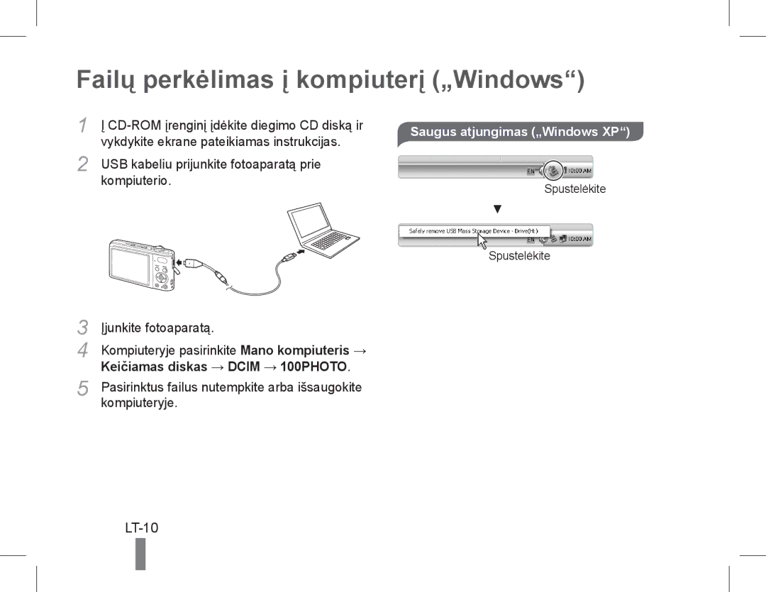 Samsung EC-PL200ZBPRE1, EC-PL90ZZBPRE1 manual Failų perkėlimas į kompiuterį „Windows, LT-10, Saugus atjungimas „Windows XP 