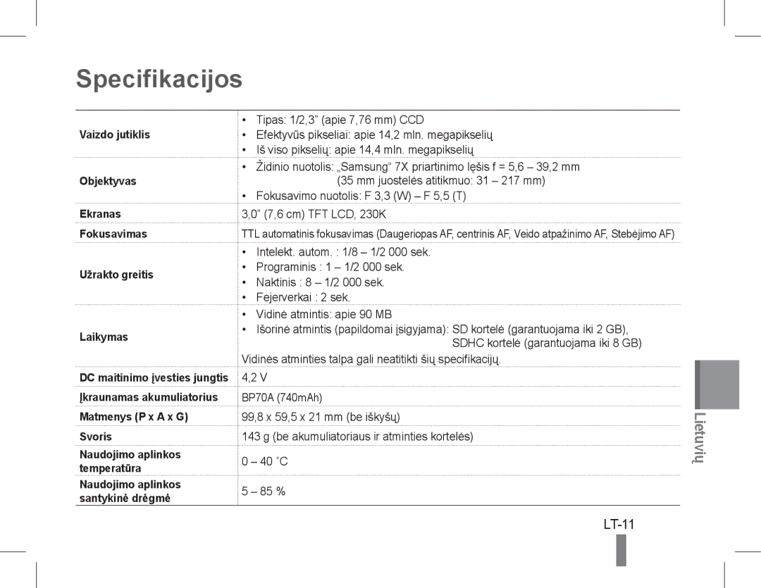 Samsung EC-PL90ZZBPRE1, EC-PL200ZBPRE1, EC-PL90ZZBARE1, EC-PL90ZZBPEE1 manual Specifikacijos, LT-11, Matmenys P x a x G Svoris 