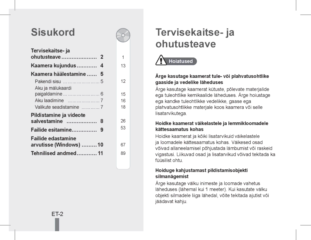 Samsung EC-PL90ZZBARE1, EC-PL200ZBPRE1 Sisukord, Tervisekaitse- ja ohutusteave, ET-2, Tehnilised andmed…………, Hoiatused 