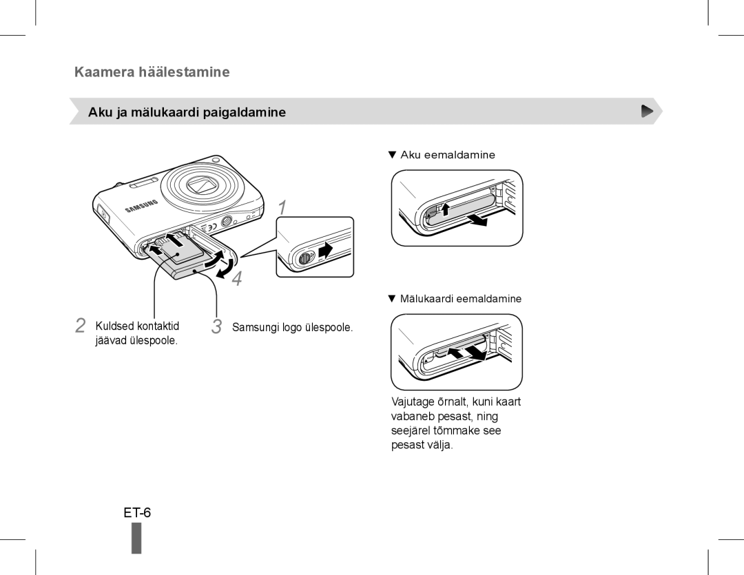 Samsung EC-PL200ZBDBUS, EC-PL200ZBPRE1, EC-PL90ZZBPRE1, EC-PL90ZZBARE1, EC-PL90ZZBPEE1 ET-6, Aku ja mälukaardi paigaldamine 