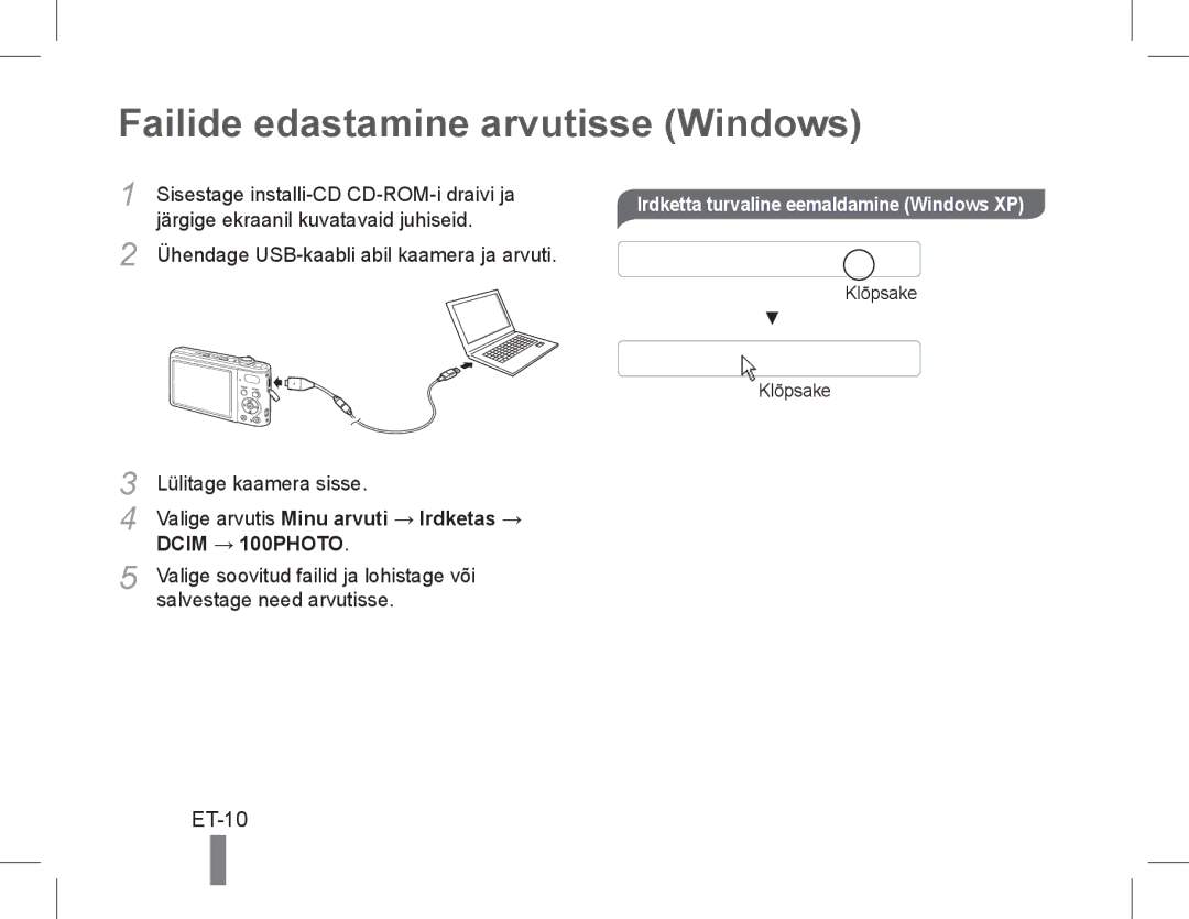 Samsung EC-PL200ZBPBIT manual Failide edastamine arvutisse Windows, ET-10, Irdketta turvaline eemaldamine Windows XP 