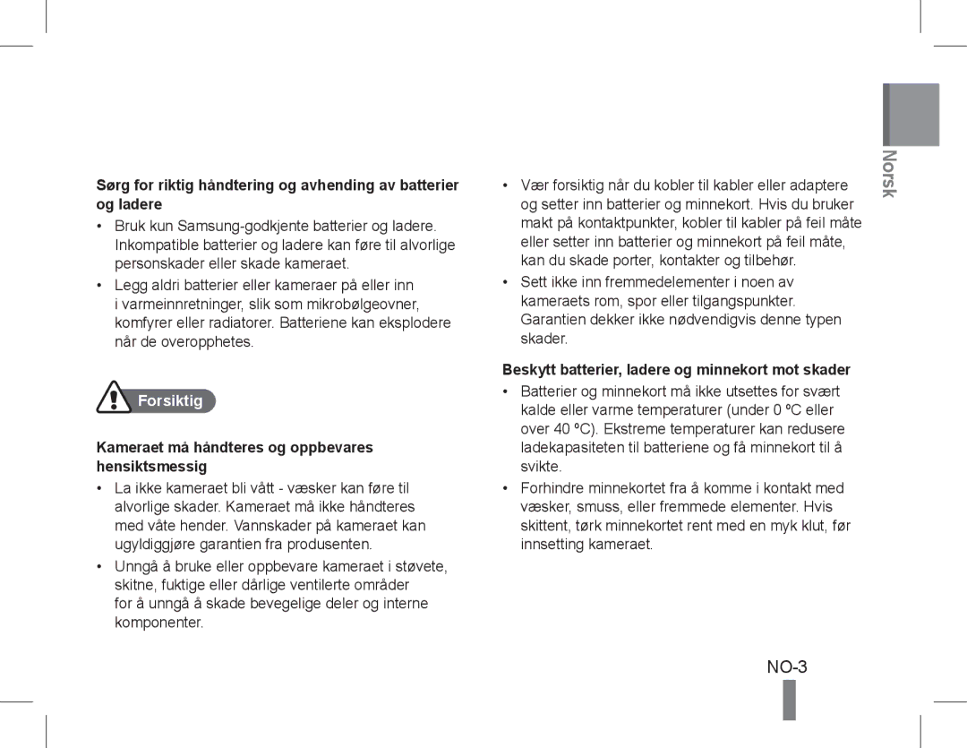 Samsung EC-PL90ZZDAAIR, EC-PL200ZBPRE1, EC-PL90ZZBPRE1 NO-3, Forsiktig, Kameraet må håndteres og oppbevares hensiktsmessig 