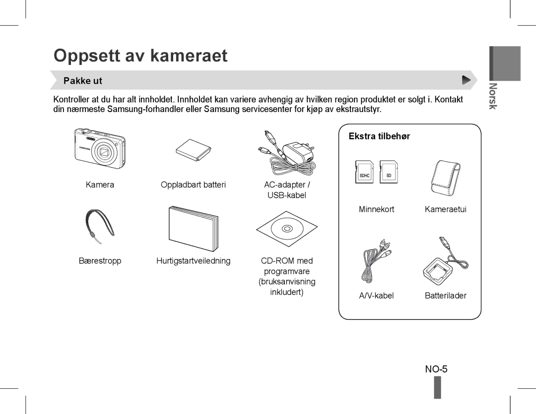 Samsung EC-PL200ZDPSIR, EC-PL200ZBPRE1, EC-PL90ZZBPRE1, EC-PL90ZZBARE1 Oppsett av kameraet, NO-5, Pakke ut, Ekstra tilbehør 