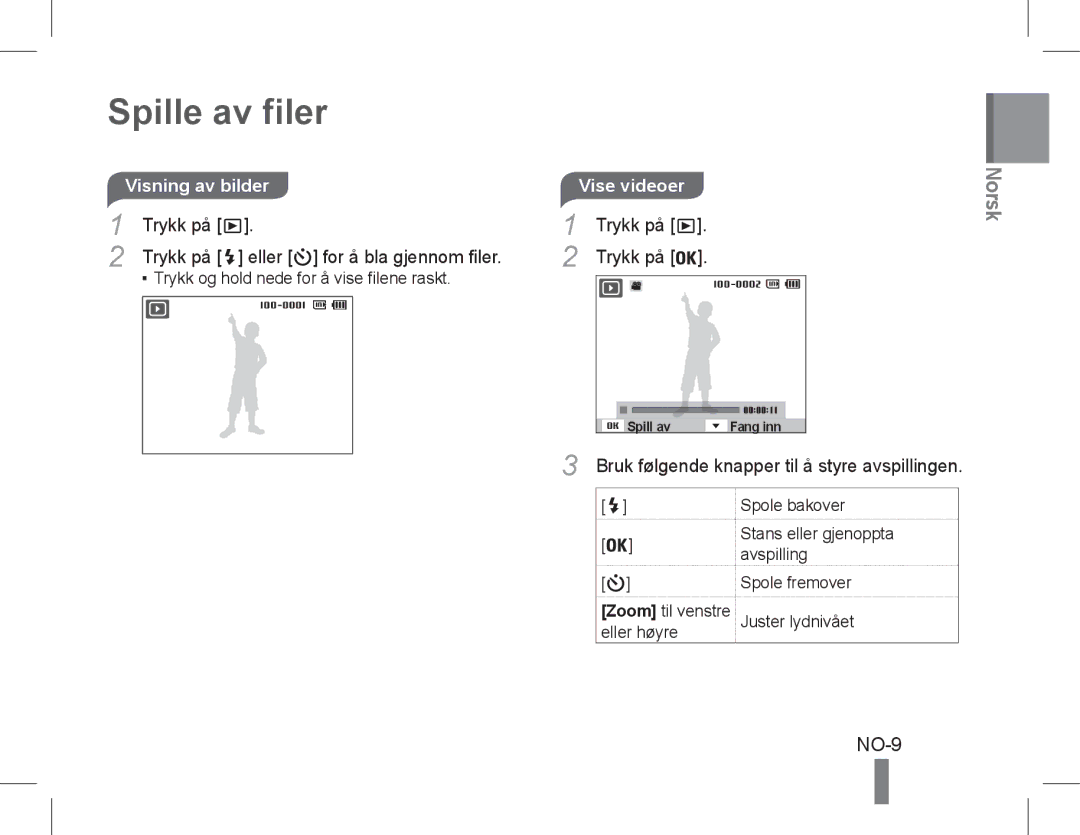 Samsung EC-PL90ZZDPAME, EC-PL200ZBPRE1, EC-PL90ZZBPRE1 manual Spille av filer, NO-9, Visning av bilderVise videoer, Trykk på 