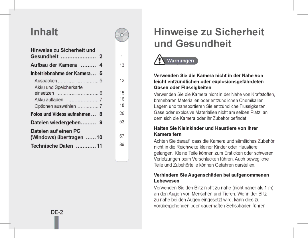 Samsung EC-PL90ZZBAAGB Inhalt, Hinweise zu Sicherheit und Gesundheit, DE-2, Gesundheit… ………………… Aufbau der Kamera… ……… 