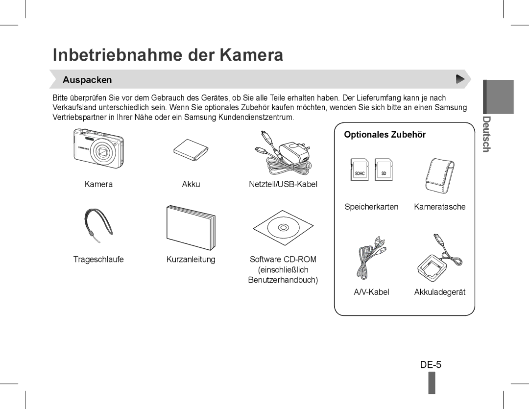 Samsung EC-PL90ZZDPRME, EC-PL200ZBPRE1, EC-PL90ZZBPRE1 manual Inbetriebnahme der Kamera, DE-5, Auspacken, Optionales Zubehör 