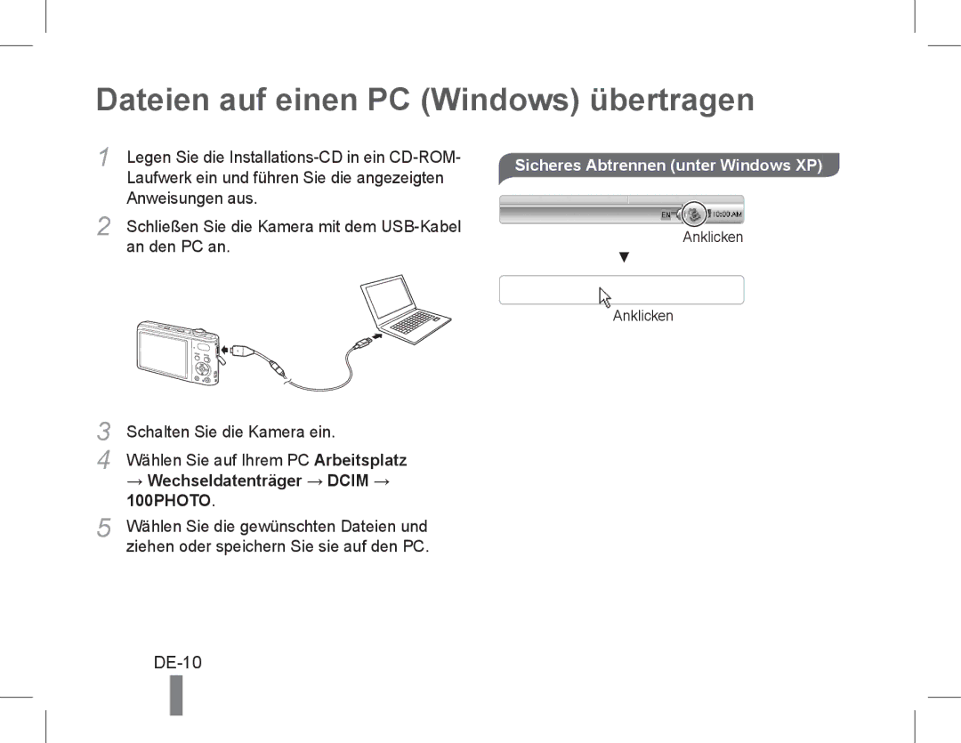 Samsung EC-PL200ZDPRIR, EC-PL200ZBPRE1 manual Dateien auf einen PC Windows übertragen, DE-10, → Wechseldatenträger → Dcim → 