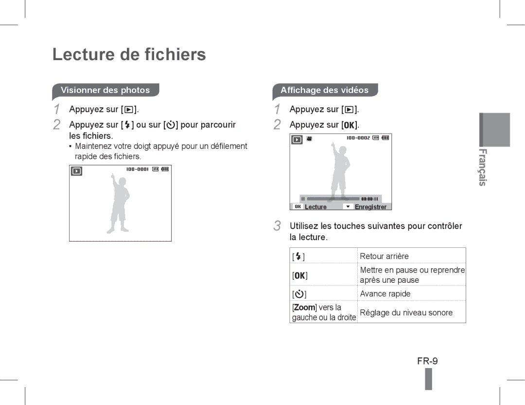 Samsung EC-PL90ZZDPAME manual Lecture de fichiers, FR-9, Appuyez sur Ou sur pour parcourir Les fichiers, La lecture 