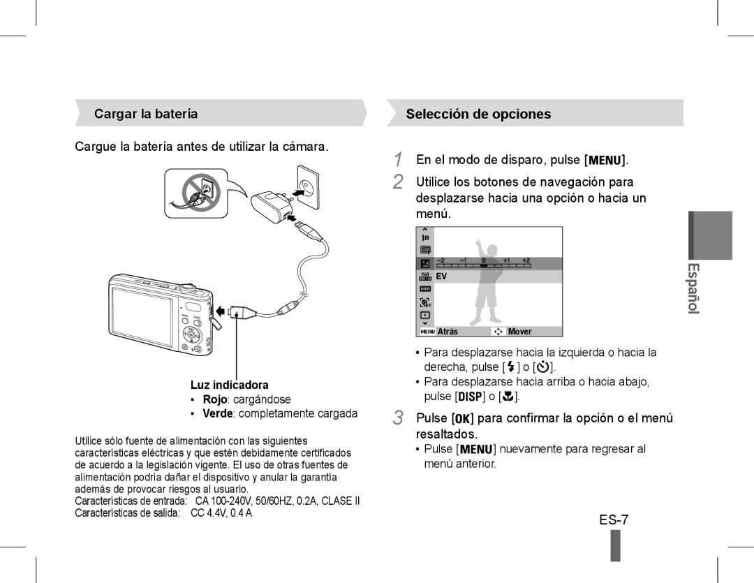 Samsung EC-PL200ZDPBME manual ES-7, Cargar la batería, Cargue la batería antes de utilizar la cámara, Luz indicadora 