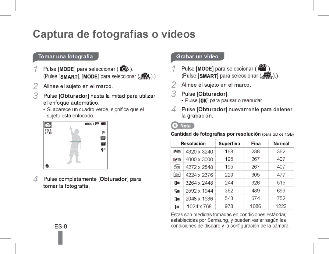 Samsung EC-PL90ZZDAEME, EC-PL200ZBPRE1, EC-PL90ZZBPRE1 manual Captura de fotografías o vídeos, ES-8, Grabar un vídeo 