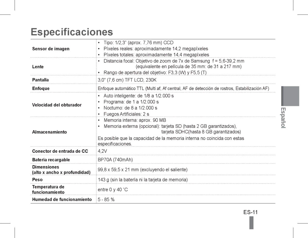 Samsung EC-PL200ZBPBSA, EC-PL200ZBPRE1, EC-PL90ZZBPRE1 manual Especificaciones, ES-11, Batería recargable Dimensiones, Peso 