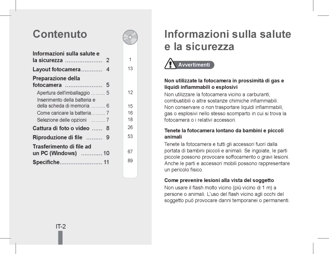 Samsung EC-PL200ZBDRVN manual Contenuto, Informazioni sulla salute e la sicurezza, IT-2, Specifiche……………………, Avvertimenti 