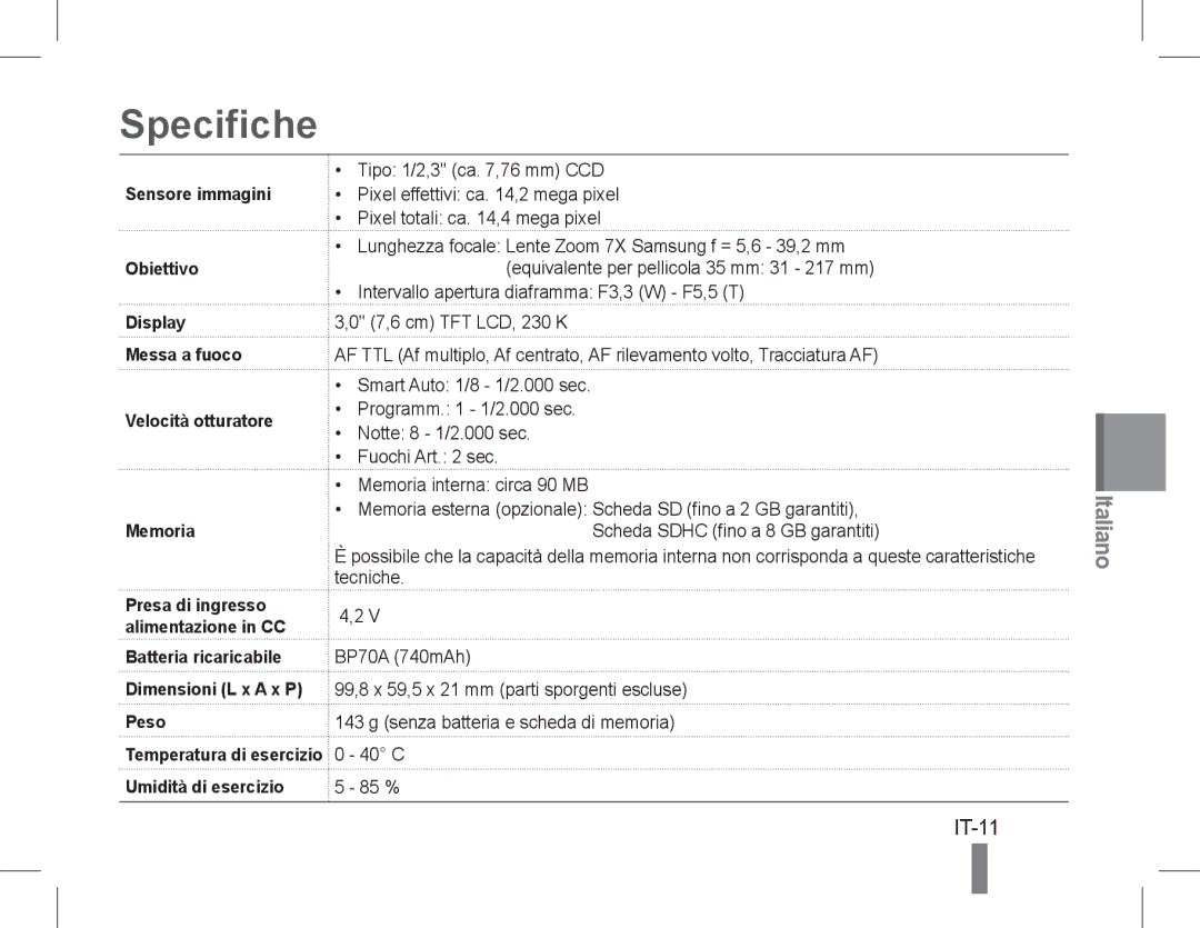 Samsung EC-PL200ZBPSE3, EC-PL200ZBPRE1, EC-PL90ZZBPRE1, EC-PL90ZZBARE1, EC-PL90ZZBPEE1, EC-PL200ZBPBE1 manual Specifiche, IT-11 