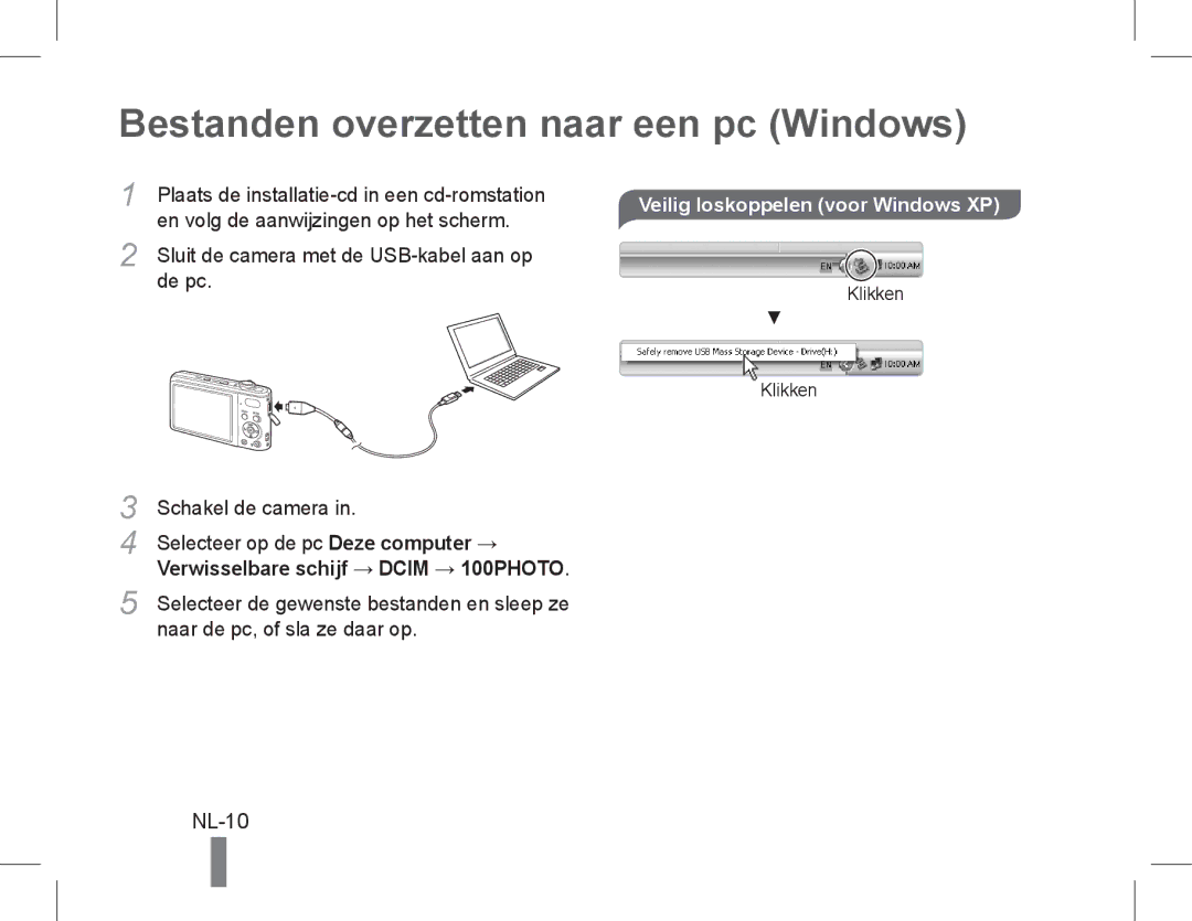 Samsung EC-PL90ZZBARE2, EC-PL200ZBPRE1 Bestanden overzetten naar een pc Windows, NL-10, Veilig loskoppelen voor Windows XP 