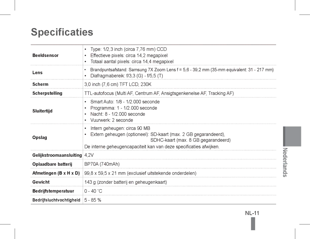 Samsung EC-PL90ZZBPAE2, EC-PL200ZBPRE1, EC-PL90ZZBPRE1, EC-PL90ZZBARE1, EC-PL90ZZBPEE1, EC-PL200ZBPBE1 Specificaties, NL-11 