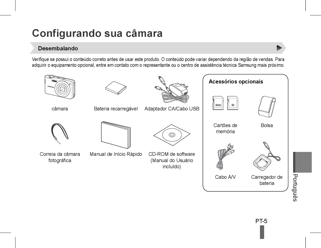 Samsung EC-PL200ZBPRRU, EC-PL200ZBPRE1, EC-PL90ZZBPRE1 Configurando sua câmara, PT-5, Desembalando, Acessórios opcionais 