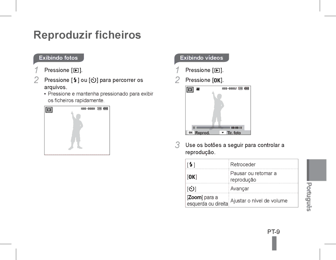Samsung EC-PL90ZZBARIL, EC-PL200ZBPRE1, EC-PL90ZZBPRE1 manual Reproduzir ficheiros, PT-9, Exibindo fotos, Reprodução 