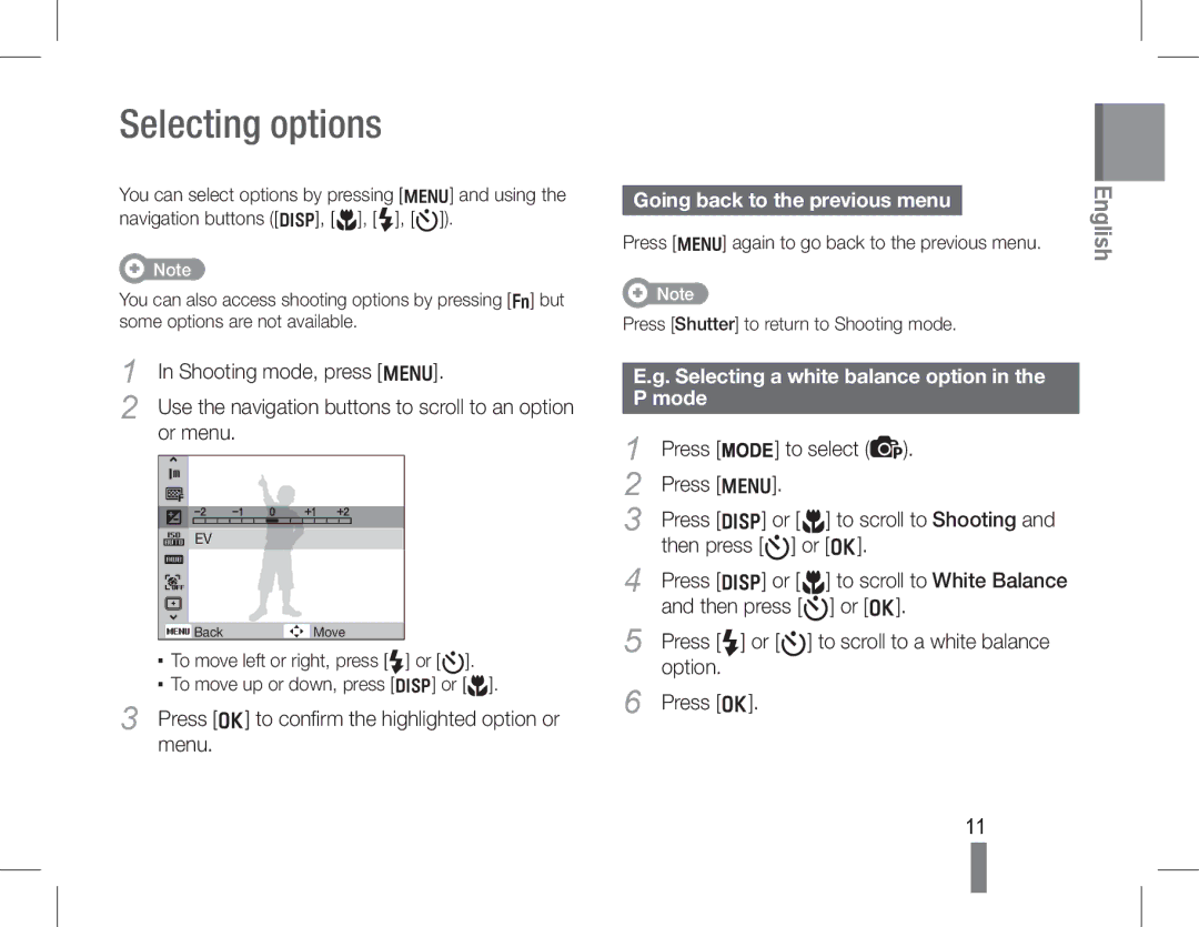 Samsung EC-PL90ZZBAEIT Selecting options, Going back to the previous menu, Selecting a white balance option in the P mode 