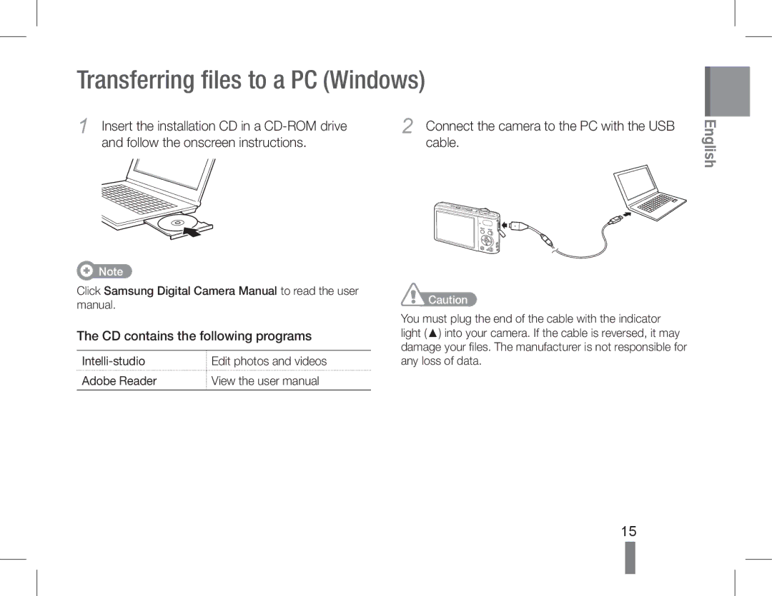 Samsung EC-PL90ZZDPRME, EC-PL200ZBPRE1 Transferring files to a PC Windows, Insert the installation CD in a CD-ROM drive 