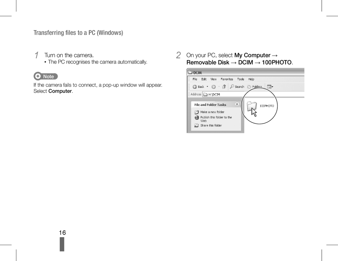 Samsung EC-PL200ZBPRIL, EC-PL200ZBPRE1, EC-PL90ZZBPRE1 manual Transferring files to a PC Windows, Turn on the camera 