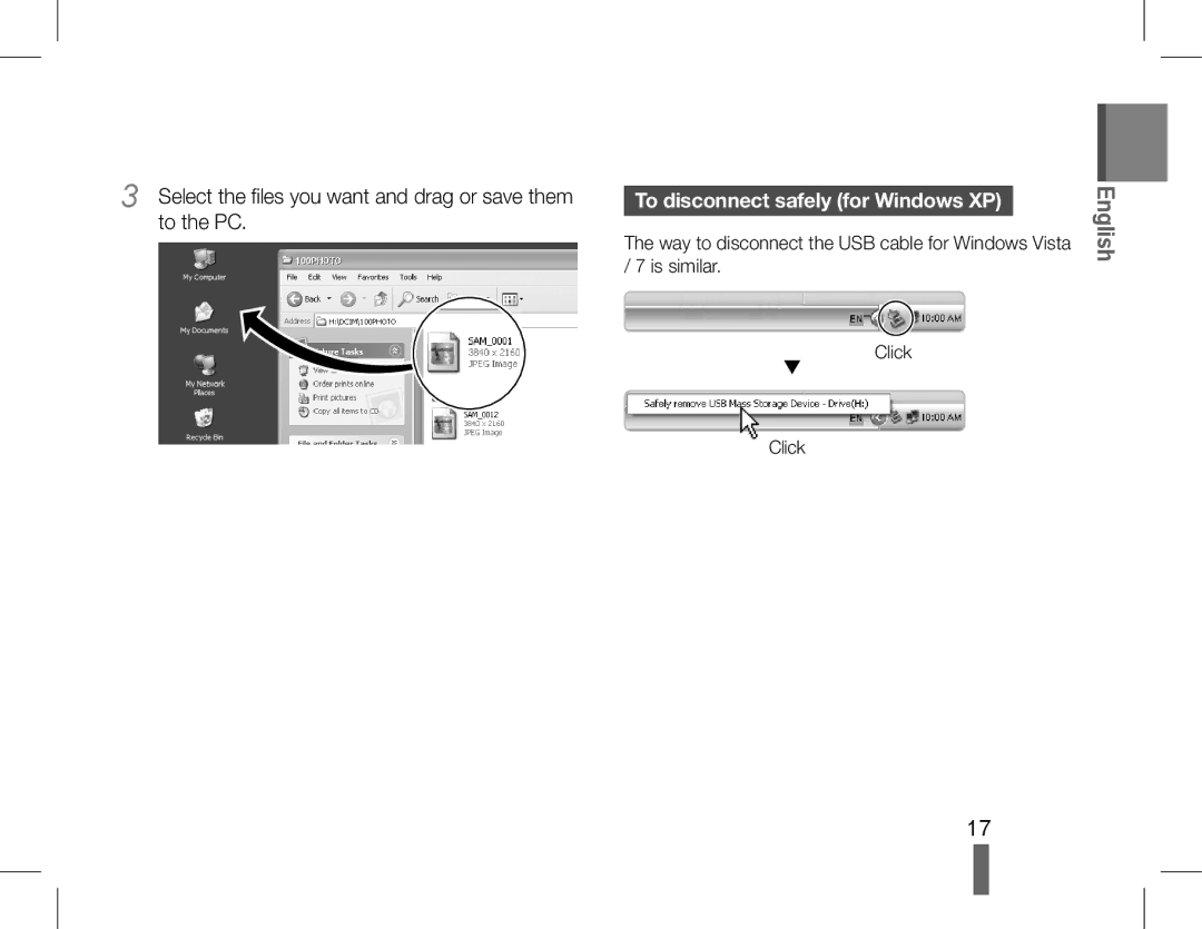 Samsung EC-PL90ZZBPASA Select the files you want and drag or save them to the PC, To disconnect safely for Windows XP 