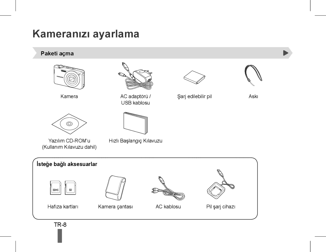 Samsung EC-PL90ZZBPRSA, EC-PL200ZBPRE1, EC-PL90ZZBPRE1 manual Kameranızı ayarlama, Paketi açma, İsteğe bağlı aksesuarlar 