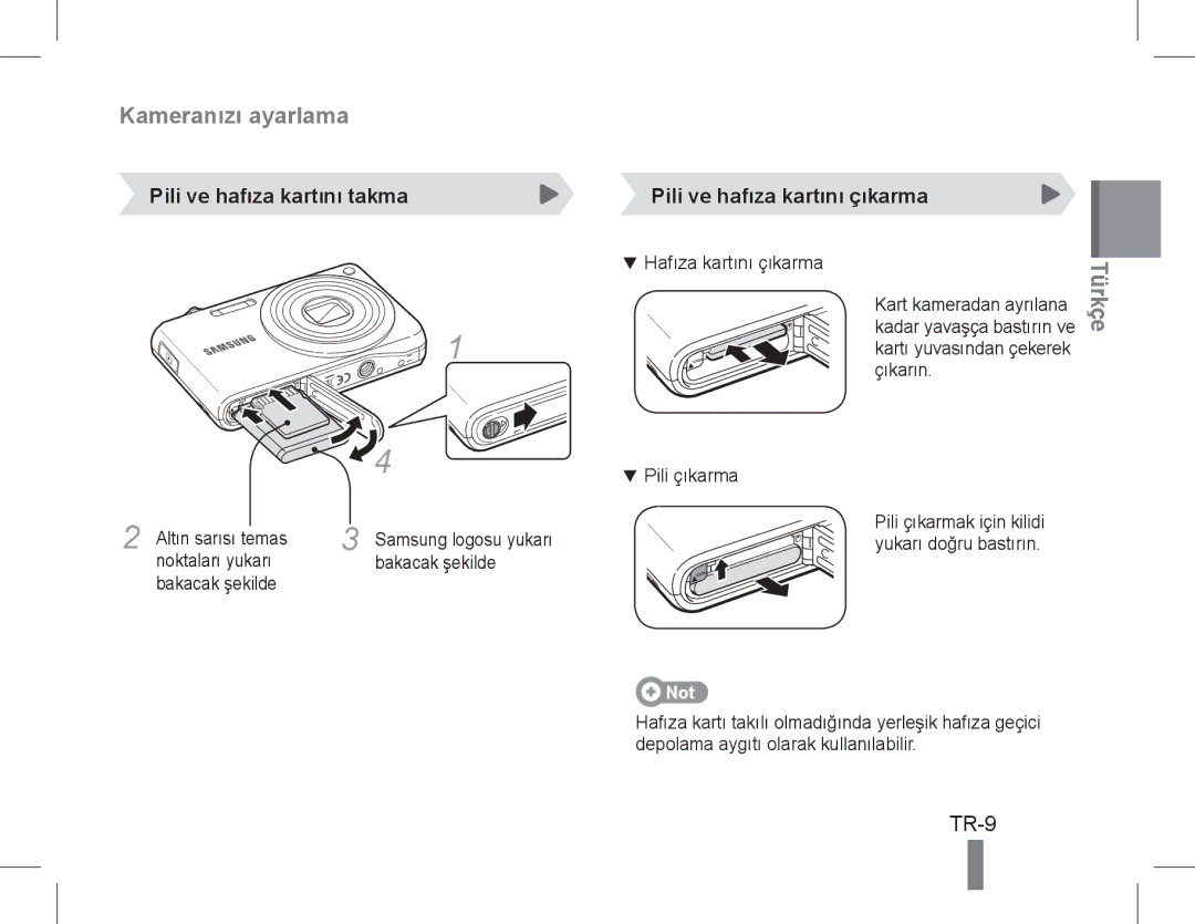 Samsung EC-PL200ZBPSE1, EC-PL200ZBPRE1, EC-PL90ZZBPRE1 manual Pili ve hafıza kartını takma, Pili ve hafıza kartını çıkarma 