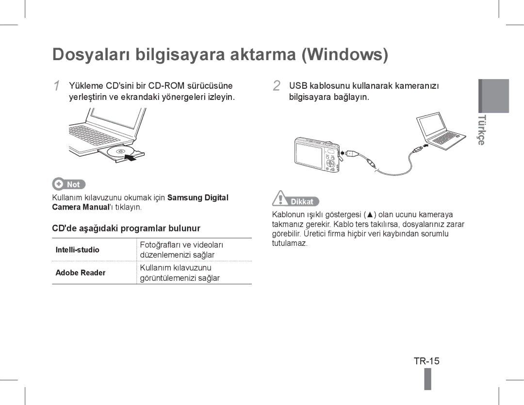 Samsung EC-PL90ZZDARME Dosyaları bilgisayara aktarma Windows, CDde aşağıdaki programlar bulunur, Bilgisayara bağlayın 