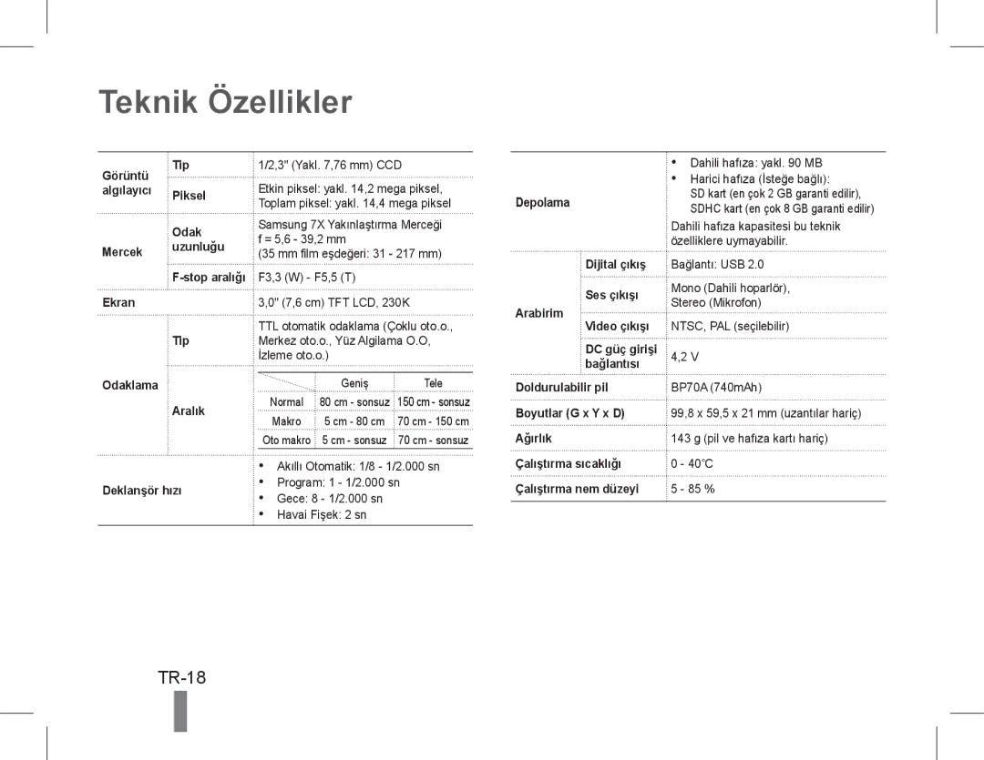 Samsung EC-PL200ZBPSSA, EC-PL200ZBPRE1, EC-PL90ZZBPRE1, EC-PL90ZZBARE1, EC-PL90ZZBPEE1 manual Teknik Özellikler, Depolama 