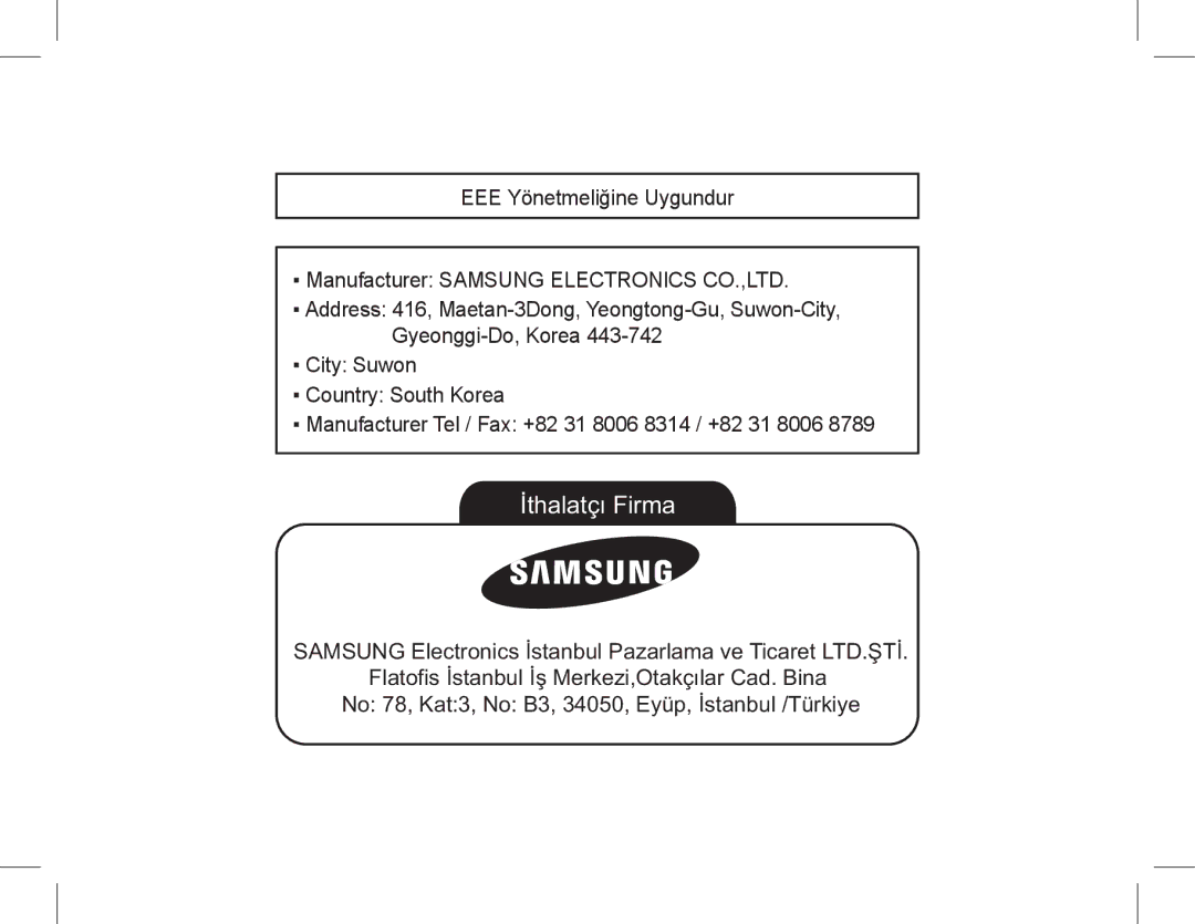 Samsung EC-PL90ZZDAEME, EC-PL200ZBPRE1, EC-PL90ZZBPRE1, EC-PL90ZZBARE1, EC-PL90ZZBPEE1, EC-PL200ZBPBE1 manual İthalatçı Firma 