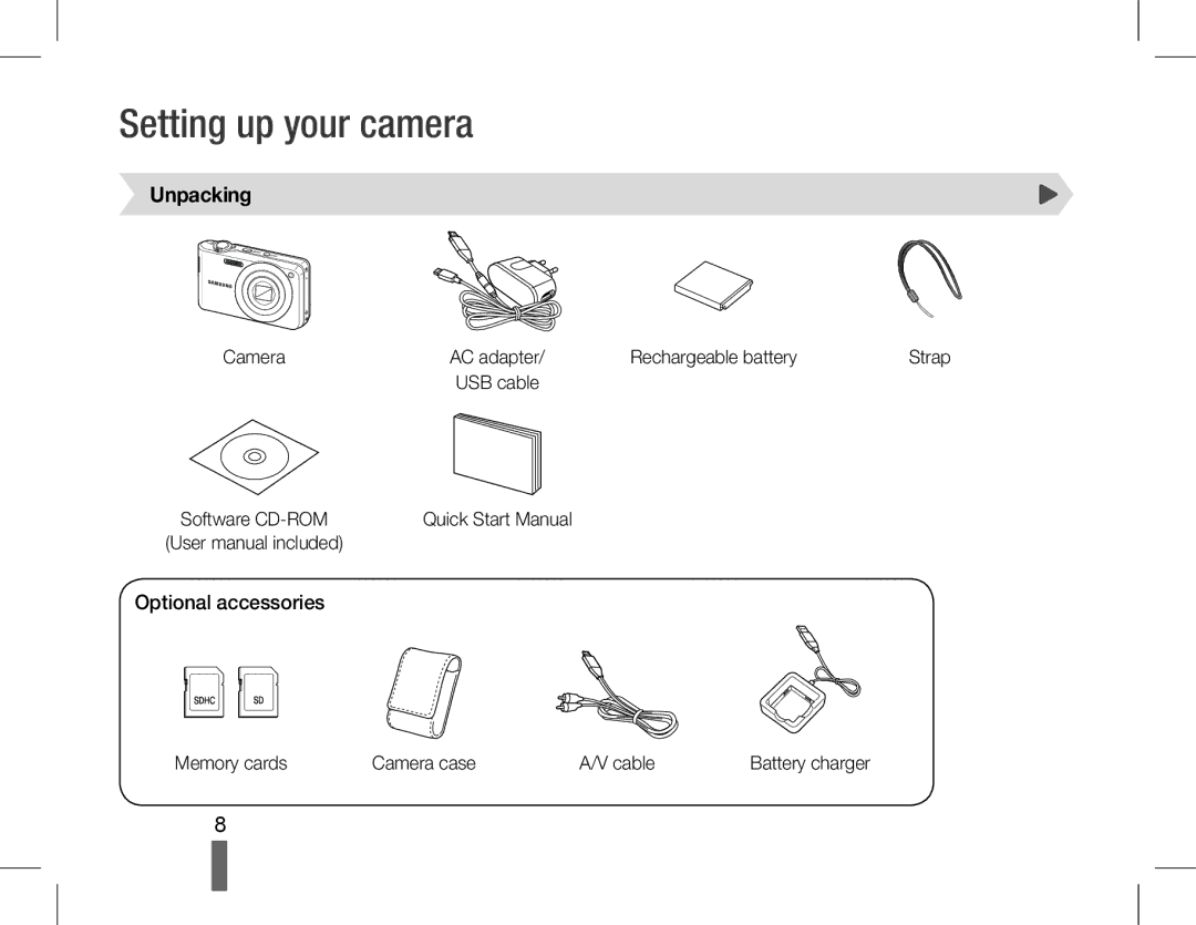 Samsung EC-PL90ZZBAAIT, EC-PL200ZBPRE1, EC-PL90ZZBPRE1 manual Setting up your camera, Unpacking, Optional accessories 