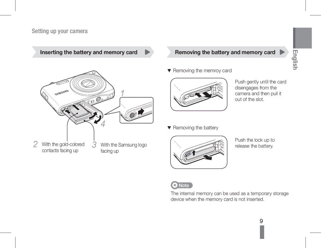 Samsung EC-PL200ZBPRIT, EC-PL200ZBPRE1 manual Inserting the battery and memory card, Removing the battery and memory card 