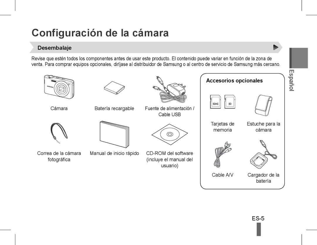 Samsung EC-PL90ZZDPRME, EC-PL200ZBPRE1, EC-PL90ZZBPRE1 manual Configuración de la cámara, Desembalaje, Accesorios opcionales 