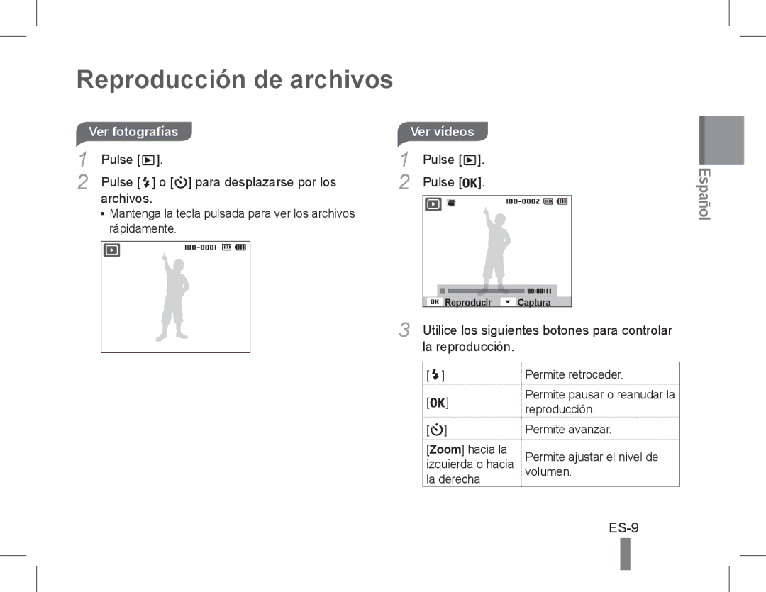 Samsung EC-PL200ZDPBIR Reproducción de archivos, Ver fotografías, Pulse Para desplazarse por los Archivos, Ver vídeos 