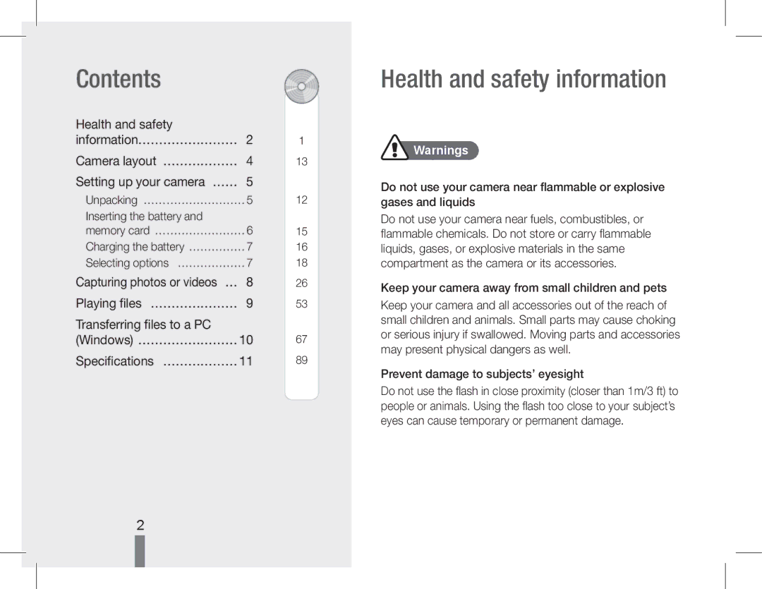 Samsung EC-PL90ZZBARE1, EC-PL200ZBPRE1, EC-PL90ZZBPRE1, EC-PL90ZZBPEE1 manual Contents, Health and safety information 