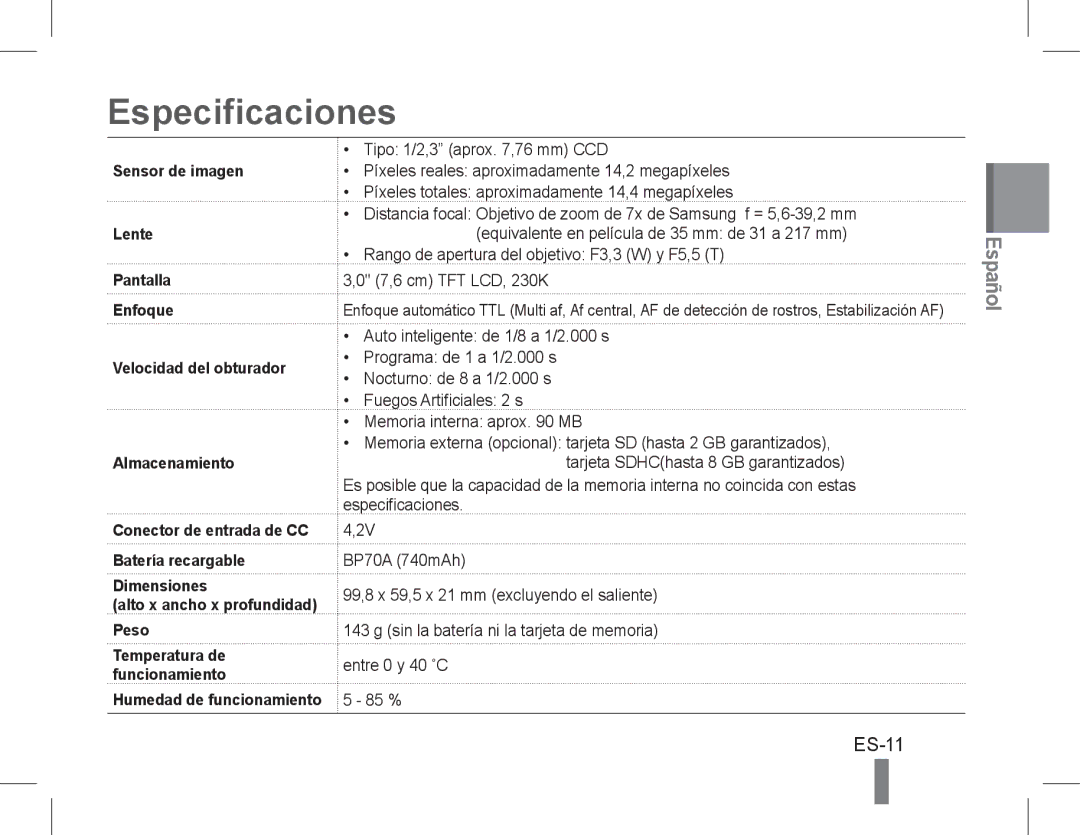 Samsung EC-PL200ZDPRME, EC-PL200ZBPRE1, EC-PL90ZZBPRE1 manual Especificaciones, Batería recargable Dimensiones, Peso 