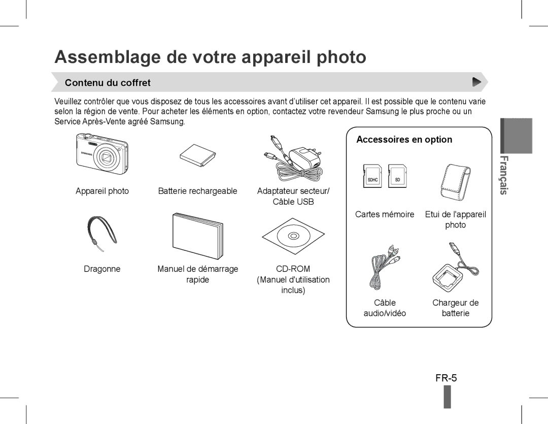 Samsung EC-PL200ZDPSIR manual Assemblage de votre appareil photo, Contenu du coffret, Accessoires en option, Rapide 