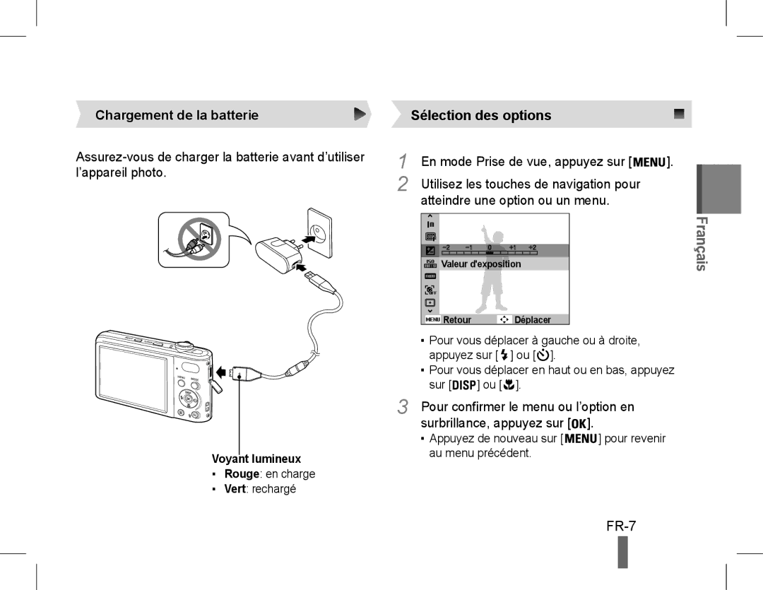 Samsung EC-PL200ZBPSE1 manual Chargement de la batterie, En mode Prise de vue, appuyez sur, Atteindre une option ou un menu 