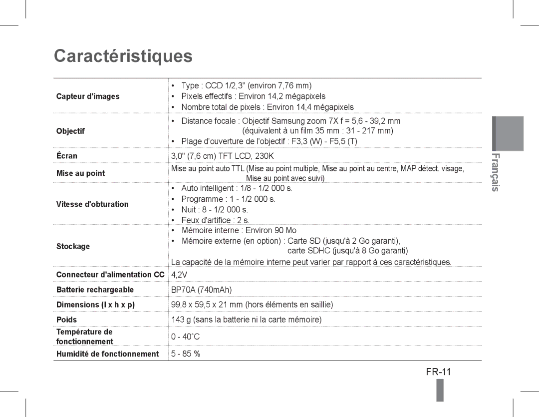 Samsung EC-PL90ZZDARIR manual Caractéristiques, Capteur dimages, Objectif, Écran Mise au point Vitesse dobturation Stockage 