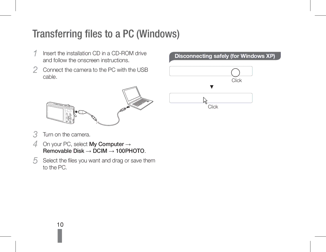 Samsung EC-PL200ZBPBIT manual Transferring files to a PC Windows, Disconnecting safely for Windows XP, Turn on the camera 