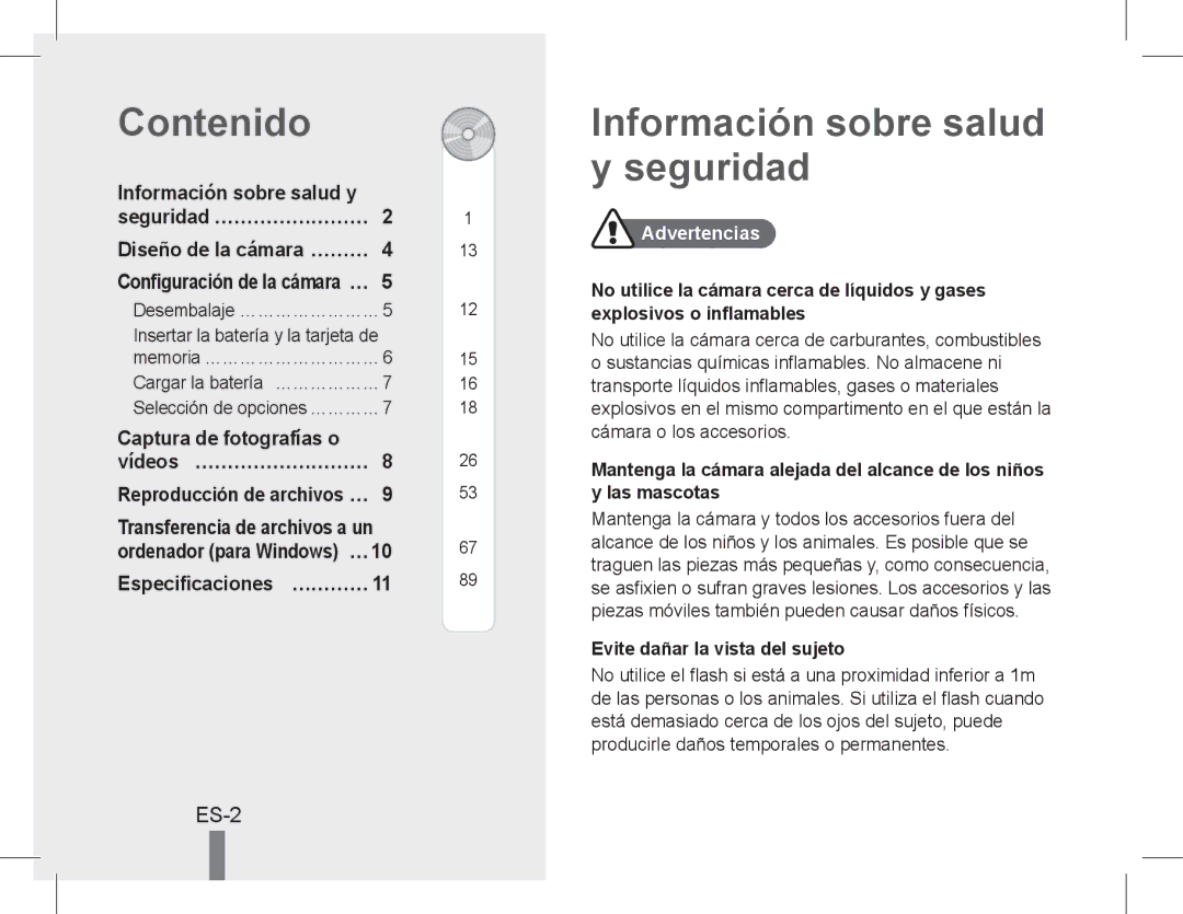 Samsung EC-PL90ZZBAAGB Contenido, Información sobre salud y seguridad, Reproducción de archivos……, Especificaciones… ………… 