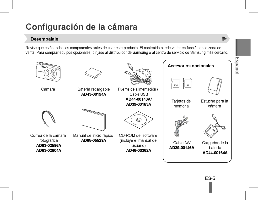 Samsung EC-PL90ZZDPRME, EC-PL200ZBPRE1, EC-PL90ZZBPRE1 manual Configuración de la cámara, Desembalaje, Accesorios opcionales 