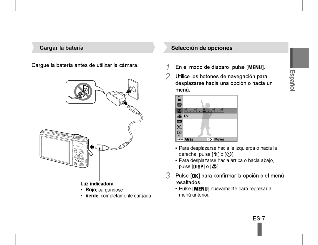 Samsung EC-PL90ZZBPASA, EC-PL200ZBPRE1, EC-PL90ZZBPRE1 Cargar la batería Selección de opciones, Resaltados, Luz indicadora 